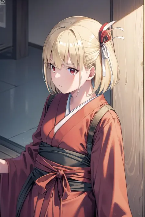 chisatonishikigi, <lyco:chisatonishikigichickeiii-lyco-nochekaiser:1>, 
nishikigi chisato, short hair, bangs, blonde hair, (red eyes:1.5), hair ribbon, one side up, bob cut,
BREAK japanese clothes, kimono, apron, red ribbon, waitress, red kimono,
BREAK indoors, cafe,
BREAK looking at viewer, (cowboy shot:1.5),
BREAK <lyco:GoodHands-beta2:1>, (masterpiece:1.2), best quality, high resolution, unity 8k wallpaper, (illustration:0.8), (beautiful detailed eyes:1.6), extremely detailed face, perfect lighting, extremely detailed CG, (perfect hands, perfect anatomy),