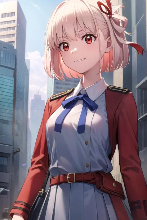 a woman in a uniform standing in front of a city