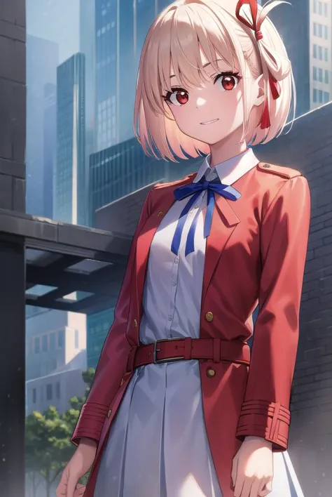 anime girl in a red jacket and white dress standing in front of a building