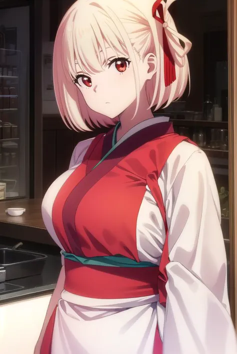 chisatonishikigi, <lyco:chisatonishikigis1-lyco-nochekaiser:1>, 
chisato nishikigi, short hair, bangs, blonde hair, (red eyes:1.5), hair ribbon, one side up, bob cut,
BREAK japanese clothes, kimono, apron, red ribbon, waitress, red kimono,
BREAK indoors, cafe, restaurant,
BREAK looking at viewer, (cowboy shot:1.5),
BREAK <lyco:GoodHands-beta2:1>, (masterpiece:1.2), best quality, high resolution, unity 8k wallpaper, (illustration:0.8), (beautiful detailed eyes:1.6), extremely detailed face, perfect lighting, extremely detailed CG, (perfect hands, perfect anatomy),