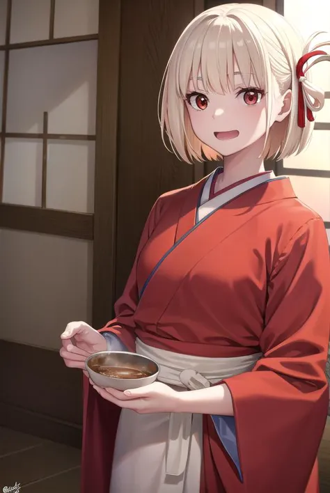 a woman in a red kimono holding a bowl of food