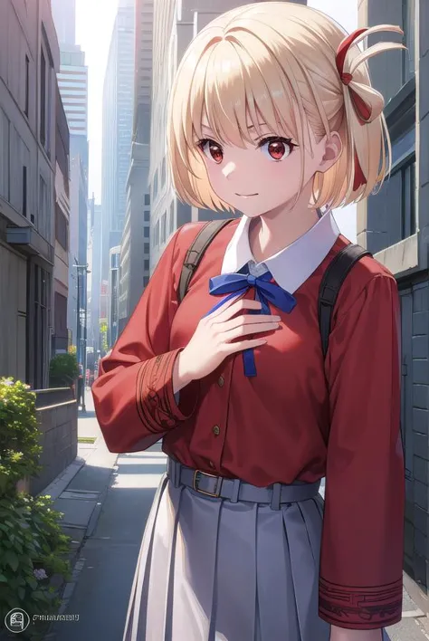 anime girl with blonde hair and red shirt standing in a city street