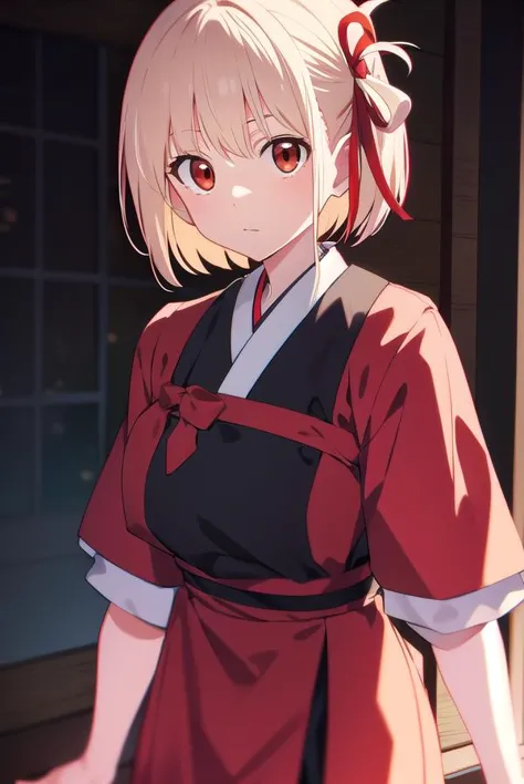 chisatonishikigi, <lyco:chisatonishikigi-LYCORIStest:1>, 
nishikigi chisato, short hair, bangs, blonde hair, (red eyes:1.5), hair ribbon, one side up, bob cut,
BREAK japanese clothes, kimono, apron, red ribbon, waitress, red kimono,
BREAK indoors,
BREAK looking at viewer, BREAK <lora:GoodHands-vanilla:1>, (masterpiece:1.2), best quality, high resolution, unity 8k wallpaper, (illustration:0.8), (beautiful detailed eyes:1.6), extremely detailed face, perfect lighting, extremely detailed CG, (perfect hands, perfect anatomy),