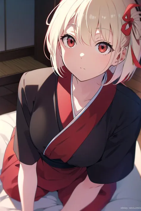 chisatonishikigi, <lyco:chisatonishikigi-LYCORIStest:1>, 
nishikigi chisato, short hair, bangs, blonde hair, (red eyes:1.5), hair ribbon, one side up, bob cut,
BREAK japanese clothes, kimono, apron, red ribbon, waitress, red kimono,
BREAK indoors,
BREAK looking at viewer, BREAK <lora:GoodHands-vanilla:1>, (masterpiece:1.2), best quality, high resolution, unity 8k wallpaper, (illustration:0.8), (beautiful detailed eyes:1.6), extremely detailed face, perfect lighting, extremely detailed CG, (perfect hands, perfect anatomy),