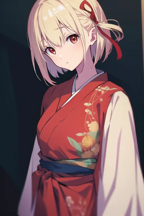 a close up of a woman in a kimono outfit with a red bow