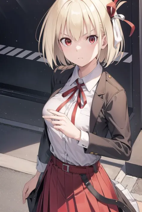 chisatonishikigi, <lyco:chisatonishikigichickeiii-lyco-nochekaiser:1>, 
nishikigi chisato, short hair, bangs, blonde hair, (red eyes:1.5), hair ribbon, one side up, bob cut,
BREAK shirt, long sleeves, dress, ribbon, white shirt, collared shirt, belt, neck ribbon, red dress, blue ribbon, pleated dress, red belt, lycoris uniform,
BREAK outdoors, city,
BREAK looking at viewer, (cowboy shot:1.5),
BREAK <lyco:GoodHands-beta2:1>, (masterpiece:1.2), best quality, high resolution, unity 8k wallpaper, (illustration:0.8), (beautiful detailed eyes:1.6), extremely detailed face, perfect lighting, extremely detailed CG, (perfect hands, perfect anatomy),