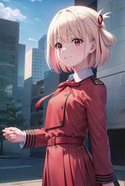 chisatonishikigi, <lyco:chisatonishikigi-lyco-nochekaiser:1>, 
nishikigi chisato, short hair, bangs, blonde hair, (red eyes:1.5), hair ribbon, one side up, bob cut, <lora:talkmouth_I_v100:1>,
BREAK shirt, long sleeves, dress, ribbon, white shirt, collared shirt, belt, neck ribbon, red dress, blue ribbon, pleated dress, grey dress, two-tone dress, red belt, lycoris uniform,
BREAK outdoors, city,
BREAK looking at viewer, (cowboy shot:1.5),
BREAK <lyco:GoodHands-beta2:1>, (masterpiece:1.2), best quality, high resolution, unity 8k wallpaper, (illustration:0.8), (beautiful detailed eyes:1.6), extremely detailed face, perfect lighting, extremely detailed CG, (perfect hands, perfect anatomy),