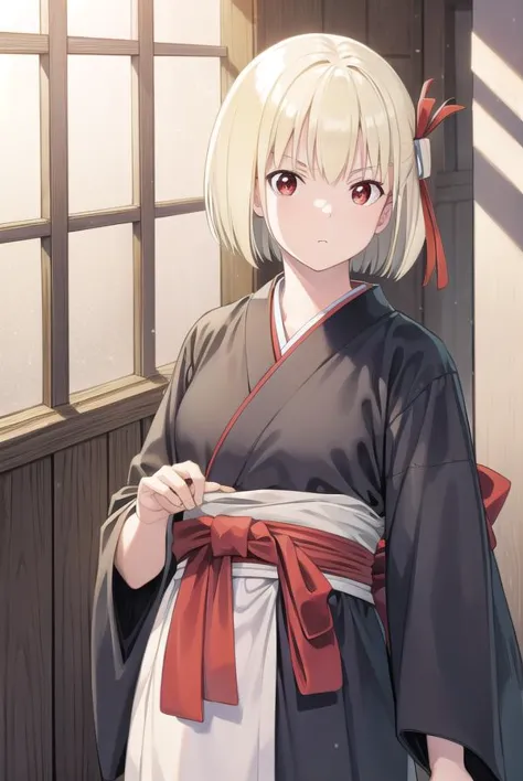 chisatonishikigi, <lyco:chisatonishikigichickeiii-lyco-nochekaiser:1>, 
nishikigi chisato, short hair, bangs, blonde hair, (red eyes:1.5), hair ribbon, one side up, bob cut,
BREAK japanese clothes, kimono, apron, red ribbon, waitress, red kimono,
BREAK indoors, cafe,
BREAK looking at viewer, (cowboy shot:1.5),
BREAK <lyco:GoodHands-beta2:1>, (masterpiece:1.2), best quality, high resolution, unity 8k wallpaper, (illustration:0.8), (beautiful detailed eyes:1.6), extremely detailed face, perfect lighting, extremely detailed CG, (perfect hands, perfect anatomy),