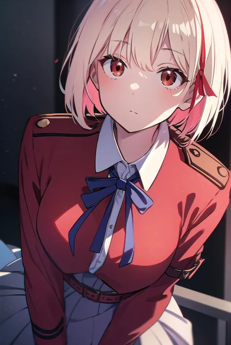 anime girl in uniform posing for camera with red eyes