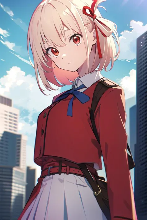 chisatonishikigi, <lyco:chisatonishikigi-LYCORIStest:1>, 
nishikigi chisato, short hair, bangs, blonde hair, (red eyes:1.5), hair ribbon, one side up, bob cut,
BREAK shirt, long sleeves, dress, ribbon, white shirt, collared shirt, belt, neck ribbon, red dress, blue ribbon, pleated dress, grey dress, two-tone dress, red belt, lycoris uniform,
BREAK outdoors, city,
BREAK looking at viewer, BREAK <lora:GoodHands-vanilla:1>, (masterpiece:1.2), best quality, high resolution, unity 8k wallpaper, (illustration:0.8), (beautiful detailed eyes:1.6), extremely detailed face, perfect lighting, extremely detailed CG, (perfect hands, perfect anatomy),