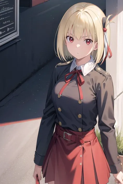 chisatonishikigi, <lyco:chisatonishikigichickeiii-lyco-nochekaiser:1>, 
nishikigi chisato, short hair, bangs, blonde hair, (red eyes:1.5), hair ribbon, one side up, bob cut,
BREAK shirt, long sleeves, dress, ribbon, white shirt, collared shirt, belt, neck ribbon, red dress, blue ribbon, pleated dress, red belt, lycoris uniform,
BREAK outdoors, city,
BREAK looking at viewer, (cowboy shot:1.5),
BREAK <lyco:GoodHands-beta2:1>, (masterpiece:1.2), best quality, high resolution, unity 8k wallpaper, (illustration:0.8), (beautiful detailed eyes:1.6), extremely detailed face, perfect lighting, extremely detailed CG, (perfect hands, perfect anatomy),