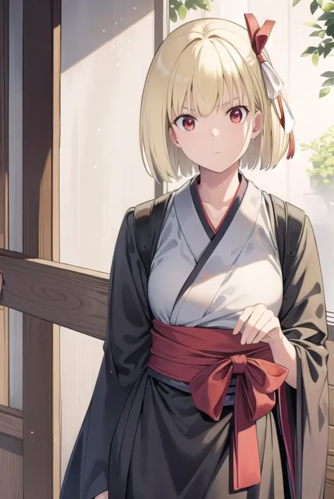 chisatonishikigi, <lyco:chisatonishikigichickeiii-lyco-nochekaiser:1>, 
nishikigi chisato, short hair, bangs, blonde hair, (red eyes:1.5), hair ribbon, one side up, bob cut,
BREAK japanese clothes, kimono, apron, red ribbon, waitress, red kimono,
BREAK indoors, cafe,
BREAK looking at viewer, (cowboy shot:1.5),
BREAK <lyco:GoodHands-beta2:1>, (masterpiece:1.2), best quality, high resolution, unity 8k wallpaper, (illustration:0.8), (beautiful detailed eyes:1.6), extremely detailed face, perfect lighting, extremely detailed CG, (perfect hands, perfect anatomy),