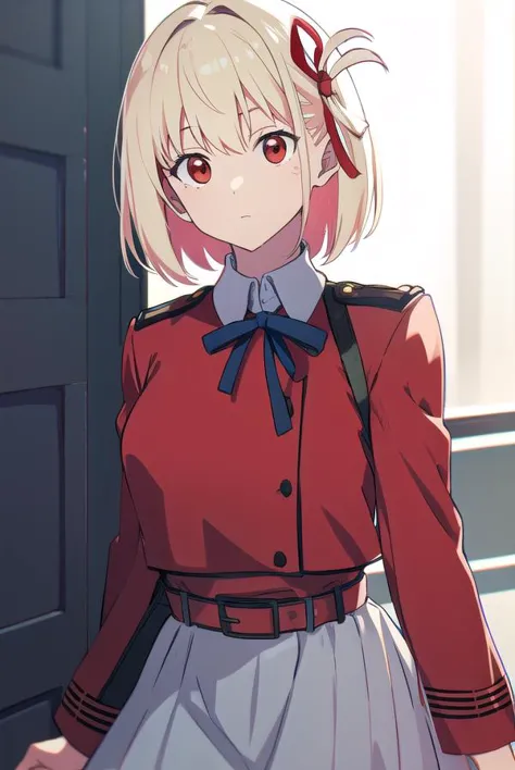 anime girl in uniform standing in front of a door