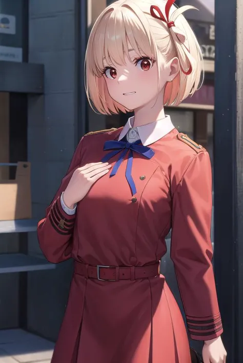 chisatonishikigi, <lyco:chisatonishikigi-lyco-nochekaiser:1>, 
nishikigi chisato, short hair, bangs, blonde hair, (red eyes:1.5), hair ribbon, one side up, bob cut, <lora:talkmouth_I_v100:1>,
BREAK shirt, long sleeves, dress, ribbon, white shirt, collared shirt, belt, neck ribbon, red dress, blue ribbon, pleated dress, grey dress, two-tone dress, red belt, lycoris uniform,
BREAK outdoors, city,
BREAK looking at viewer, (cowboy shot:1.5),
BREAK <lyco:GoodHands-beta2:1>, (masterpiece:1.2), best quality, high resolution, unity 8k wallpaper, (illustration:0.8), (beautiful detailed eyes:1.6), extremely detailed face, perfect lighting, extremely detailed CG, (perfect hands, perfect anatomy),