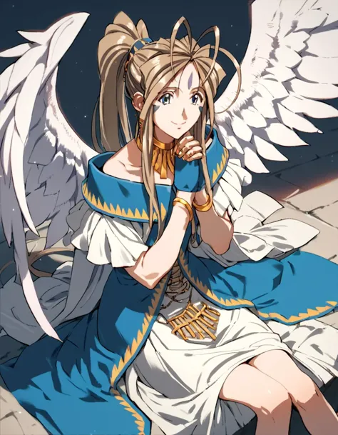 anime girl with angel wings sitting on a rock