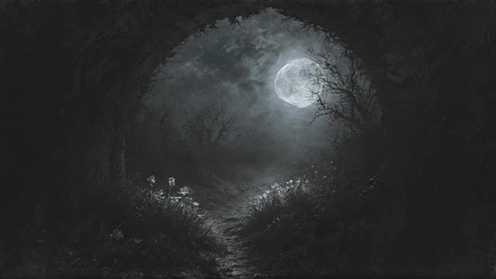 Vista de un gran portal a otra dimensión con grandes flores muertas y una gran luna llena a través del ojo de una cerradura, letitflrsh