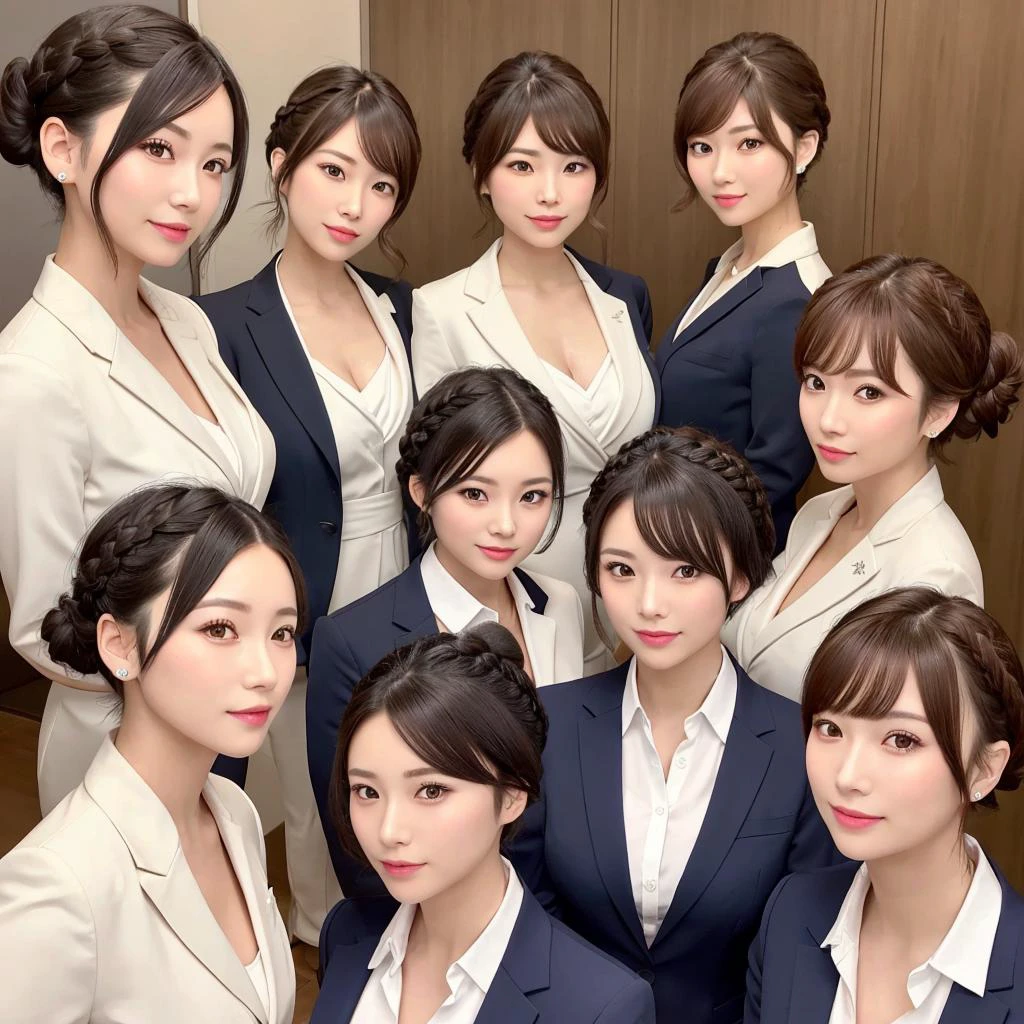 group picture,multiple japanese women,japanese, cute women, 5girls,looking at viewer ,realistic,shiny skin,(office lady),business suit,cleavage,(beautiful face:1.1),(masterpiece, high quality:1.2) medium breasts, motherly, porcelain skin, hair, very long hair, wavy hair,mature female, smile, (hime cut|half updo|bob cut| short cut| double buns hair| braided bun| french braid|cone hair bun| big hair| braid ponytail| hair bun| pony tail| twin tail), flower ornament hair