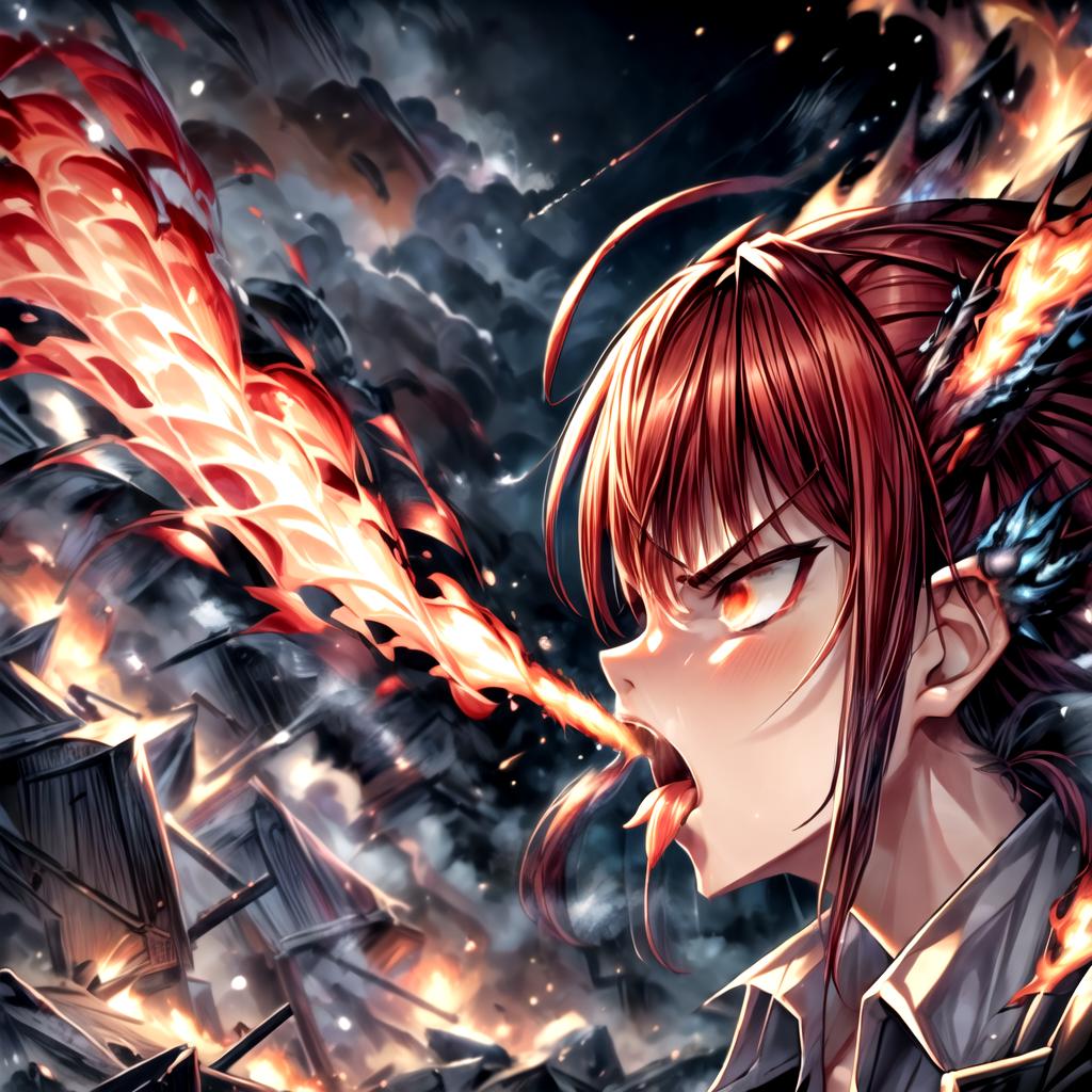 Anime girl with red hair and a black jacket with flames in her hair -  SeaArt AI