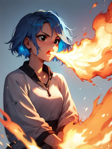 a close up of a person with blue hair and a fire