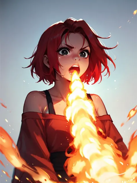 a woman with red hair holding a fire ball in her hand