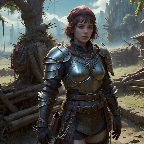 (masterpiece:1.2), (best quality,:1.2), 8k, HDR, ultra detailed, ((photorealistic)), perfect anatomy, professional light, cinematic lighting, fashion photography, ambient lighting,<lora:detail_slider_v4:3>, epic medieval fantasy, a fighter wearing plate armor, with red short hair, feathered cap, pendant with a holy symbol, gloves,  chained belt, <lora:zoom_slider_v1:-1.5>,  <lora:cleavage:-1>, <lora:fantasyAI:1> tanjoreai, in the style of Tolkien, Middle Earth, epiCPhoto