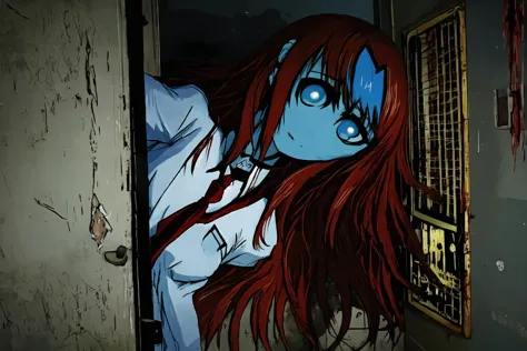 anime character with red hair and blue eyes standing in a doorway