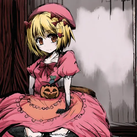 anime girl in pink dress sitting on chair with pumpkin in hand