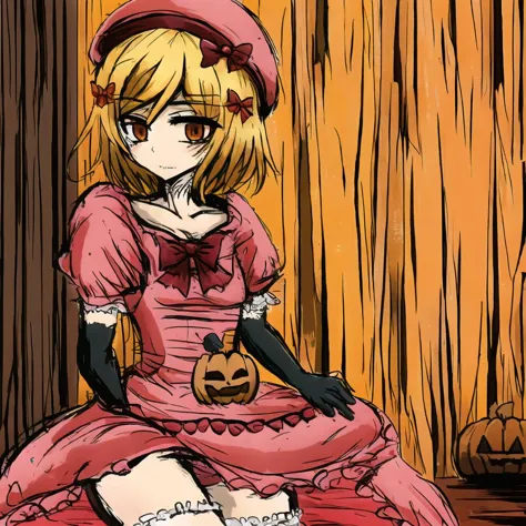 lambdadelta, pink dress, red bows, striped legwear, thighhighs, beret, black gloves, short hair, orange eyes, pumpkin pin, jack-o'-lantern pin, :3, blonde hair, full body, masterpiece,best quality,CG,wallpaper,HDR,high quality,high-definition,extremely detailed,  insanity, eldritch, surreal, misty, creepy, horror, psychedelic, asylum, corridor, <lora:blackSouls_5:0.7> <lora:sketchQuickDrawLora_v10:0.6> <lora:shittyOekakiJaggy_v10:0.7><hypernet:blackSoulsHypernetwork_wd14AnimeEpoch1:0>  <lora:lambdadeltaLORA_lambda1060V10:0.7>