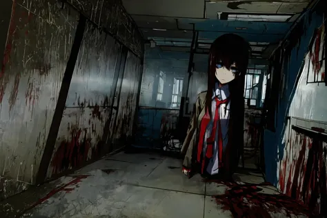 anime character standing in a hallway with blood on the floor