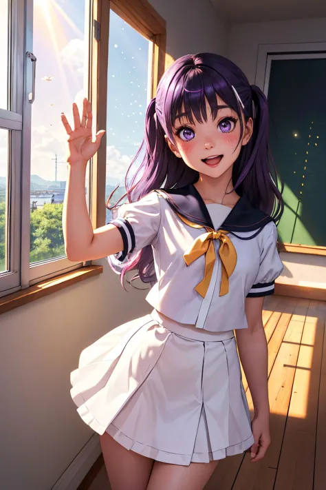 anime girl in uniform standing in front of window waving