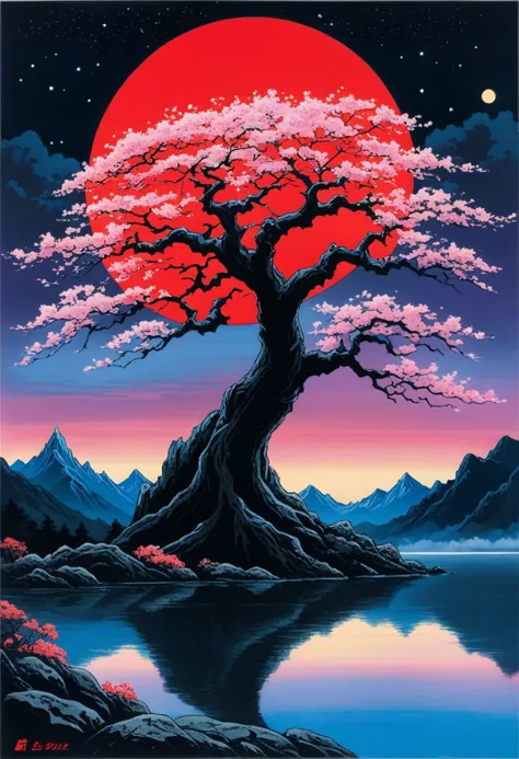 score_9,score_8_up,score_7_up,score_6_up,score_5_up,score_4_up the ethereal beauty of a mystical landscape under the red moonlight. The scene should be illuminated by a large, radiant moon, casting its glow upon a twisted, yet majestic tree with blossoms that seem to sparkle in the night. The tree s roots should be deeply embedded into rocky terrain, symbolizing its ancient existence. In the background, towering mountains loom, their peaks veiled in mist. A serene lake at the foot of the mountains reflects the moon s luminescence. Incorporate elements that evoke a sense of magic and mystery. <lora:Lunas-ToxxyT-SDXL-A1:1>