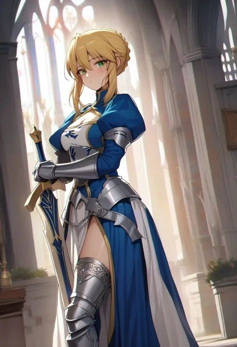 1girl, holding sword artoria pendragon \(fate\), fate \(series\) perspective medieval beautiful, aesthetic, detailed, beautiful color amazing quality, best quality, high quality