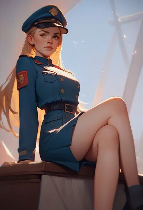 a woman in a uniform sitting on a ledge with her legs crossed