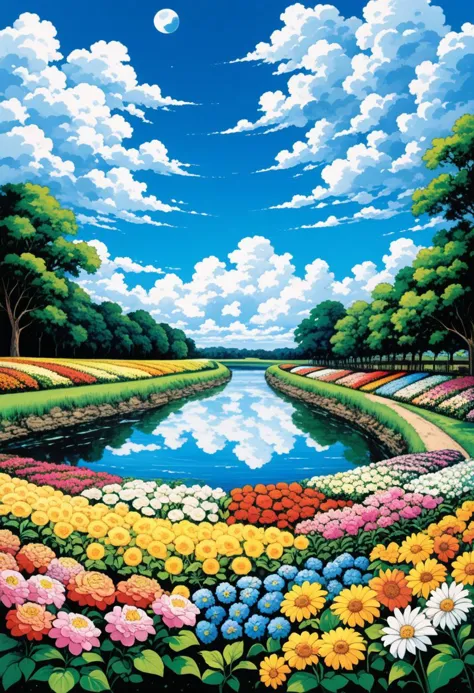 a painting of a river surrounded by flowers and trees