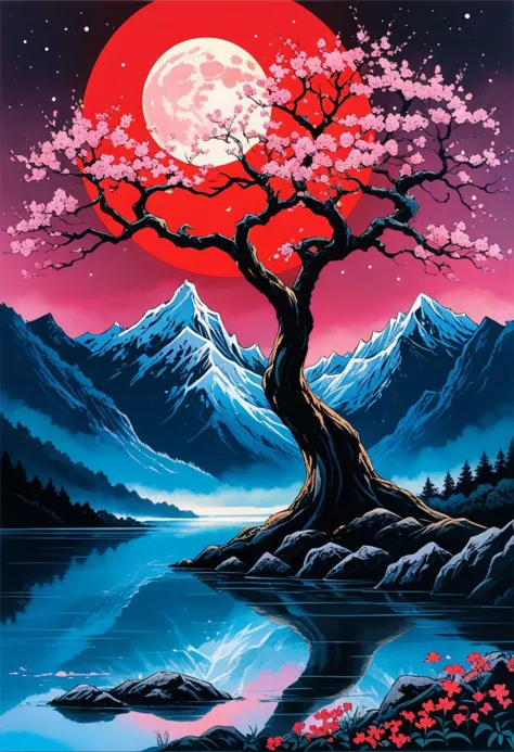 a painting of a tree with a full moon in the background