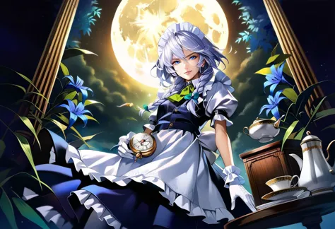 anime girl with a clock in her hand sitting on a table