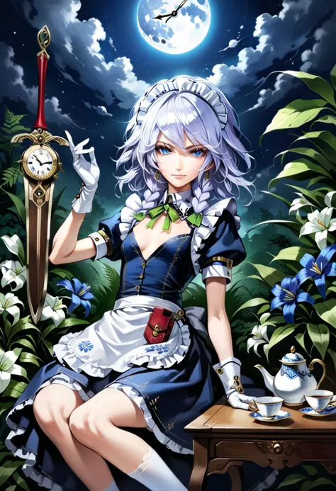 a woman in a maid outfit sitting on a table with a clock