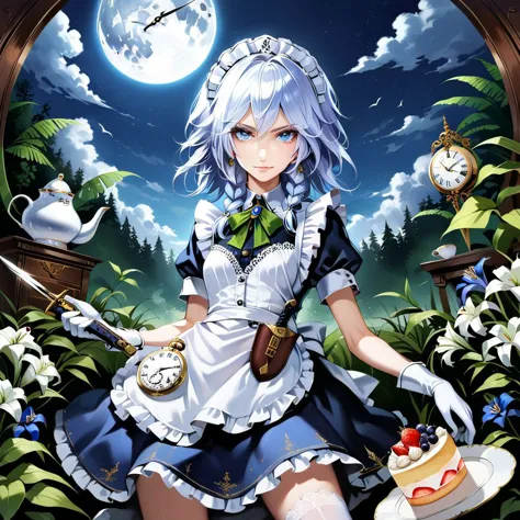 highres, realistic, 1girl, solo, blue flowers, white flowers, blue lily, lily, green leaves, fern, moss, night, Moon, mist, clouds, izayoi sakuya, low angle, from below, serious, light smile, smile, white hair, silver hair, short hair, blue eyes, tall, long skinny legs, flat chest, dynamic pose, (white lace gloves:1.2), white wrist cuffs, (white puffy sleeves:1.2), (white maid frilled apron:1.5), white lace-trimmed legwear, white frilled thighhighs, black lace-up boots, maid, (dark blue maid uniform), (dark blue long skirt), twin braids, (green bows:1.2), green bowtie, silver brooch, silver earrings, white lace-trimmed maid headdress, intricate clock, (intricate pocket watch:1.4), beautiful sword, beautiful dagger, decorated scabbard, porcelain tea set, cake, looking at viewer, <lora:Banpai Akira_XL:0.8> <lora:xl_more_art-full_v1:1>