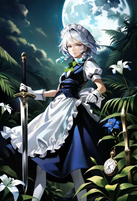 highres, realistic, 1girl, solo, blue flowers, white flowers, blue lily, lily, green leaves, fern, moss, night, Moon, mist, clouds, izayoi sakuya, low angle, from below, serious, light smile, smile, white hair, silver hair, short hair, blue eyes, tall, long skinny legs, flat chest, dynamic pose, (white lace gloves:1.2), white wrist cuffs, (white puffy sleeves:1.2), (white maid frilled apron:1.5), white lace-trimmed legwear, white frilled thighhighs, black lace-up boots, maid, (dark blue maid uniform), (dark blue long skirt), twin braids, (green bows:1.2), green bowtie, silver brooch, silver earrings, white lace-trimmed maid headdress, intricate clock, (intricate pocket watch:1.4), beautiful sword, beautiful dagger, decorated scabbard, porcelain tea set, cake, looking at viewer, <lora:Banpai Akira_XL:0.8>