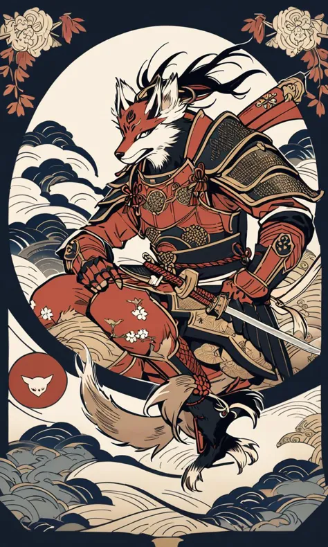 there is a dog with a fish and a sword on a white background, samurai fox, fox warrior, armored fox, anthropomorphic fox ninja, samurai deity with koi armor, by KanÅ Tan'yÅ«, highly detailed and colored, in the art style of ukiyo - e, inspired by Utagawa Kuniyoshi,  <lora:add-detail-xl:0.35>, super detailed picture, high resolution, 10k, 8k, finely detailed, quality,, Japanese traditional art style, delicate lines, subtle colors, intricate details, dynamic compositions, cultural heritage, adds elegance and sophistication, Chinese ink brush art style, graceful brushwork, elegant compositions, traditional motifs, professional-grade execution, captures the essence of Chinese culture and aesthetics