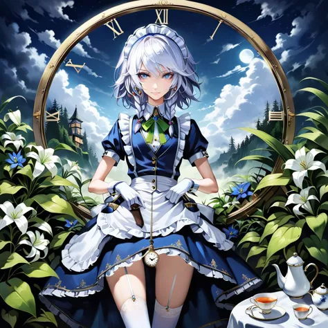 highres, realistic, 1girl, solo, blue flowers, white flowers, blue lily, lily, green leaves, fern, moss, night, Moon, mist, clouds, izayoi sakuya, low angle, from below, serious, light smile, smile, white hair, silver hair, short hair, blue eyes, tall, long skinny legs, flat chest, dynamic pose, (white lace gloves:1.2), white wrist cuffs, (white puffy sleeves:1.2), (white maid frilled apron:1.5), white lace-trimmed legwear, white frilled thighhighs, black lace-up boots, maid, (dark blue maid uniform), (dark blue long skirt), twin braids, (green bows:1.2), green bowtie, silver brooch, silver earrings, white lace-trimmed maid headdress, intricate clock, (intricate pocket watch:1.4), beautiful sword, beautiful dagger, decorated scabbard, porcelain tea set, cake, looking at viewer, <lora:Banpai Akira_XL:0.8> <lora:xl_more_art-full_v1:1>