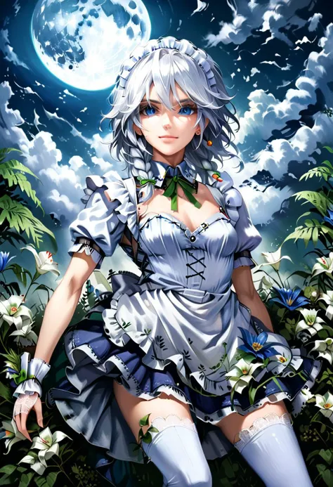 highres, realistic, 1girl, solo, blue flowers, white flowers, blue lily, lily, green leaves, fern, moss, night, Moon, mist, clouds, izayoi sakuya, low angle, from below, serious, light smile, smile, white hair, silver hair, short hair, blue eyes, (detailed eyes:1.2), tall, long skinny legs, flat chest, dynamic pose, (white intricate detailed lace gloves:1.2), white wrist cuffs, (white puffy sleeves:1.2), (white intricate detailed maid frilled apron:1.5), white intricate detailed lace-trimmed legwear, white intricate detailed frilled thighhighs, black lace-up boots, maid, (dark blue intricate detailed maid uniform), (dark blue intricate detailed long skirt), twin braids, (green bows:1.2), green bowtie, intricate detailed silver brooch, intricate detailed silver earrings, white lace-trimmed intricate detailed maid headdress, intricate detailed clock, (intricate detailed pocket watch:1.4), intricate detailed sword, intricate detailed dagger, intricate detailed decorated scabbard, intricate detailed porcelain tea set, intricate detailed cake, looking at viewer, <lora:Banpai Akira_XL:0.80> <lora:xl_more_art-full_v1:1.00> <lora:WildcardX-XL-Detail-Enhancer:1.40>