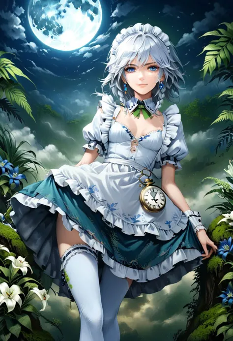 highres, realistisch, 1 Mädchen, Allein, blaue Blumen, weiße Blumen, blue Lilie, Lilie, Grüne Blätter, fern, Moos, Nacht, Mond, mist, Wolken, izayoi sakuya, kleiner Winkel, von unten, ernst, light lächeln, lächeln, weißes Haar, silbernes Haar, Kurzes Haar, blaue Augen, groß, lange dünne Beine, FLACHE BRUST, dynamische pose, (weiße Handschuhe aus aufwendiger Spitze:1.2), weiße Handgelenksmanschetten, (weiße Puffärmel:1.2), (white intricate detailed Dienstmädchen frilled apron:1.5), weiße Beinbekleidung mit aufwendiger Spitzenverzierung, weiße Strumpfhosen mit aufwendigen Rüschendetails, schwarze Schnürstiefel, Dienstmädchen, (dark blue intricate detailed Dienstmädchen uniform), (dunkelblauer langer Rock mit aufwendigen Details), Zwillingszöpfe, (grüne Schleifen:1.2), grüne Fliege, aufwendige, detaillierte Silberbrosche, aufwendig detaillierte Silberohrringe, white lace-trimmed intricate detailed Dienstmädchen headdress, aufwendige, detaillierte Uhr, (aufwendig detaillierte Taschenuhr:1.4), kompliziertes, detailliertes Schwert, aufwendig detaillierter Dolch, aufwendig detailliert verzierte Scheide, aufwendiges, detailliertes Teeservice aus Porzellan, aufwendiger, detaillierter Kuchen, Betrachter betrachten, 