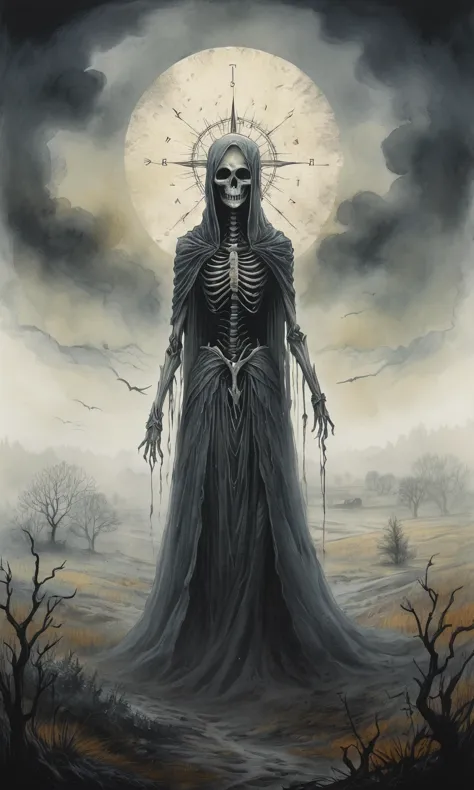 a painting of a skeleton in a long dress standing in the middle of a field