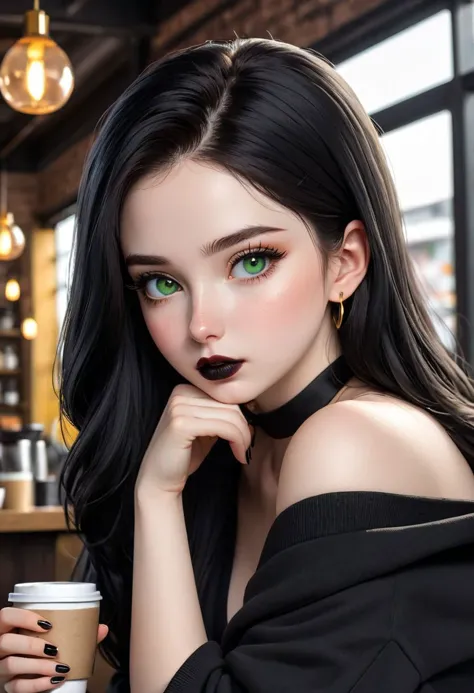 a woman with long black hair and green eyes holding a coffee