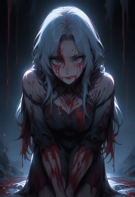 a woman with white hair and blood on her face sitting in a dark room