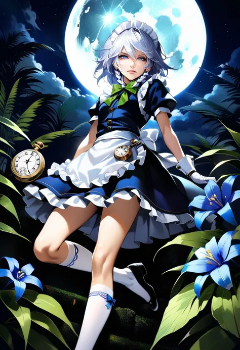 anime girl with clock in the moonlight