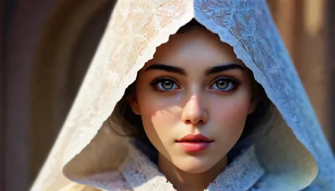 a close up of a woman wearing a white veil and a white dress