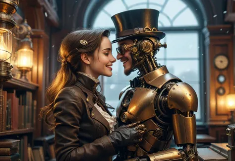 (medium full shot ) of two lovers sharing laughter, detailed face, steampunk robot with bronze body, gearwork, top hat with gogg...