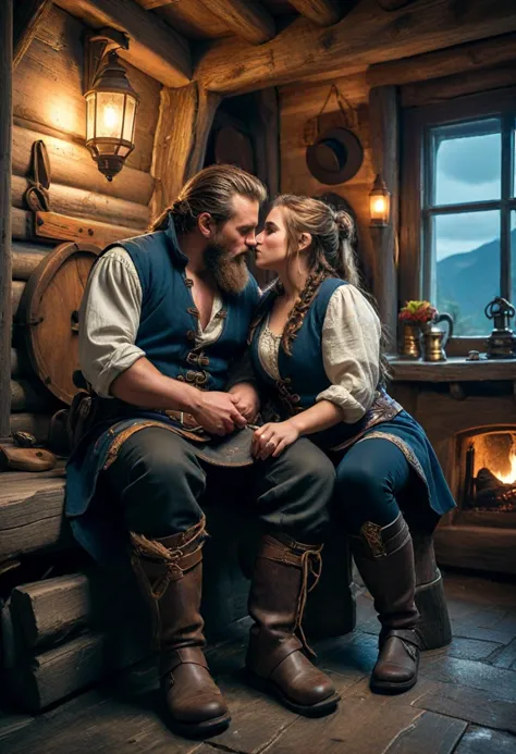 hdr photo, (medium full shot , slightly above) of a couple,  mountain dwarf wearing a dark blue rugged vest, leather greaves, st...